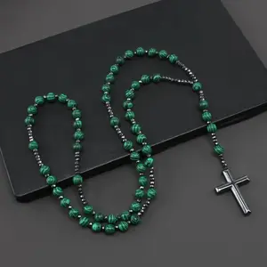 Turquoise Tiger Eye Rosary Necklace Cross Pendant Vintage Unisex Beads Long Chain Gift for Men Women