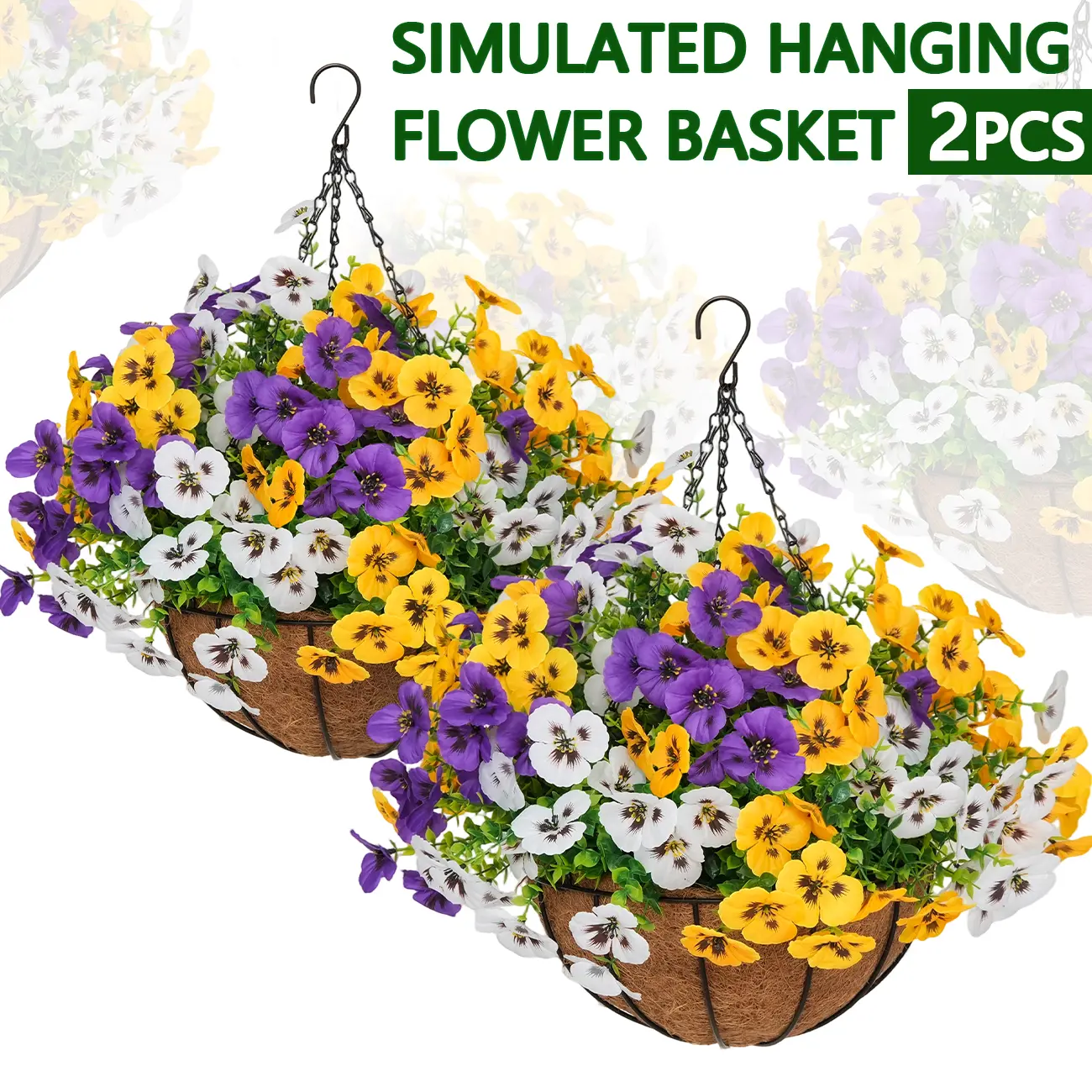 2PCS Artificial Pansy Hanging Baskets, Fake Flowers for Outdoor, UV Resistant Faux Hanging Plants, Realistic Outdoor Hanging Flowers for Porch, Patio, Balcony, Garden, Front Door Decor, No Watering Needed