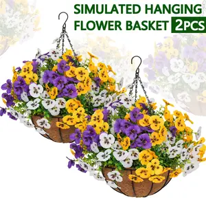 2PCS Artificial Pansy Hanging Baskets, Fake Flowers for Outdoor, UV Resistant Faux Hanging Plants, Realistic Outdoor Hanging Flowers for Porch, Patio, Balcony, Garden, Front Door Decor, No Watering Needed