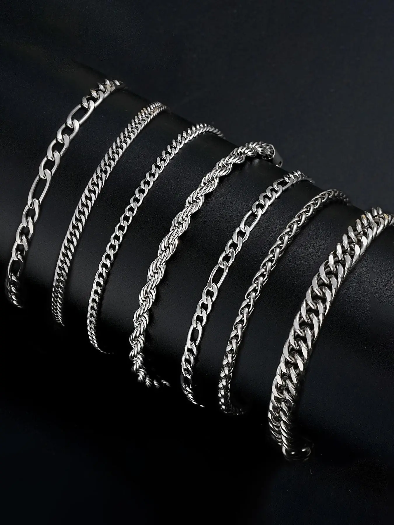 7-Piece Stainless Steel Men's Bracelet Combination Set, Stackable Bracelets, Fashion Streetwear Hip-Hop Cuban Link Chain, Birthday Gift for Boyfriend & Son, Bracelet Sets