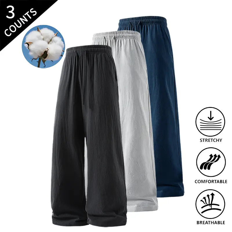 Summer Vibes 3-Pack Men’s Stretch, Breathable Wide-Leg Pants — Drawstring Elastic Waist Trousers for Summer