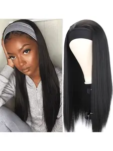 Euro-American/Afro-Style Ice Silk Fiber Headband Wig • Women's Headscarf-Style Headband Wig • Black Long Straight Headband Wig