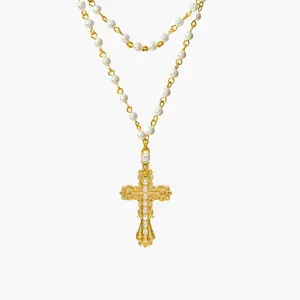 en route Everette Cross Necklace in Gold, Pearl Cross Celestial Design with Layered Style, Versatile Jewelry for Daily Wear & Modern Styling