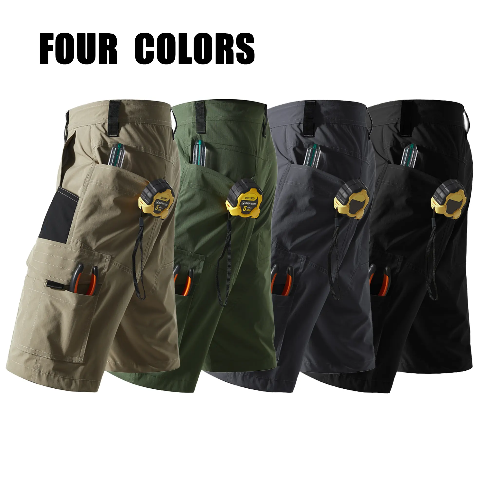 Men’s multifunctional work shorts with multi tool pockets, tape measure loop, wear-resistant straight cut mid-length design—ideal for construction sites, electricians, carpenters, and outdoor tasks.