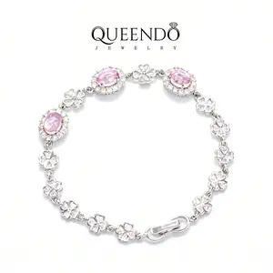 QUEENDO Women's Pink 4-Leaf Clover Bracelet, Silver-Plated Zircon Charm Chain, Ideal Bridesmaid & Holiday Costume Jewelry Gift