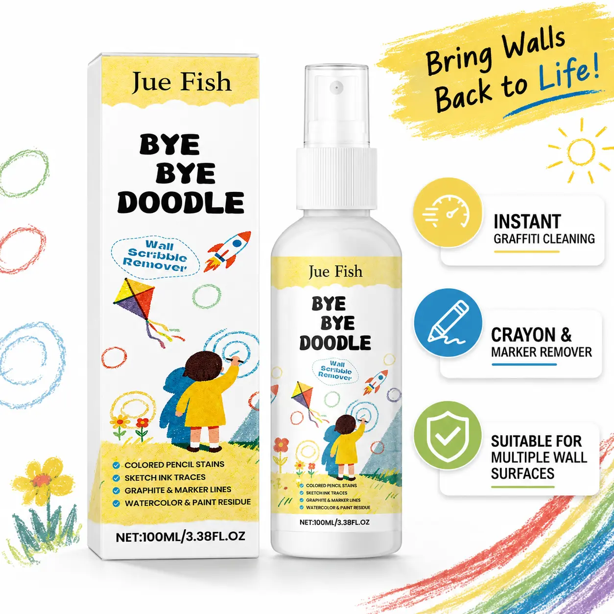 Jue Fish Wall Graffiti Cleaning Spray, Household All-Purpose Wall Stain Remover for Instant Pencil and Crayon Stain Care