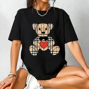 Cute crew-neck T-shirt featuring a checkered bear holding a heart-shaped print.