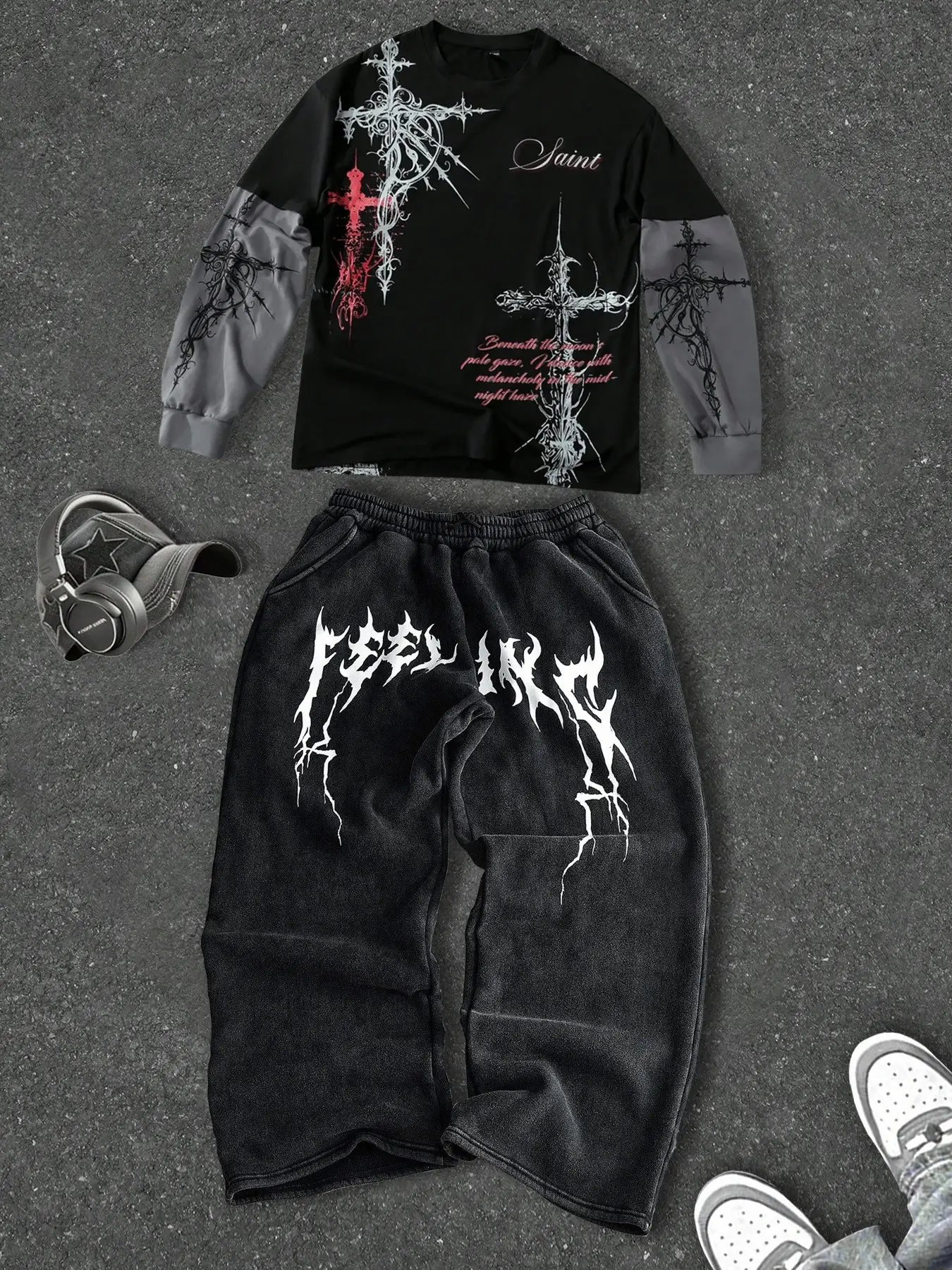 Unisex set, gothic style, Gothic patterns and cross-stitch designs on printed t-shirts and sporty pants, lightweight for spring and autumn, retro-style patchwork, Y2K style, Athletic, Perfect for streetwear, casual wear, Outfit