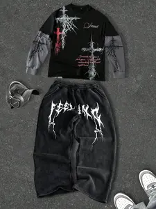 Unisex set, gothic style, Gothic patterns and cross-stitch designs on printed t-shirts and sporty pants, lightweight for spring and autumn, retro-style patchwork, Y2K style, Athletic, Perfect for streetwear, casual wear, Outfit