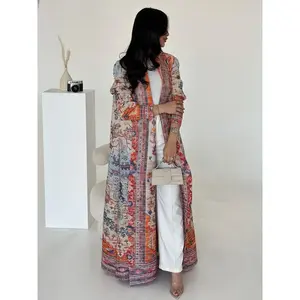 Women's Ruched Print Long Robe Windbreaker Abaya Premium Ribbed Abaya Coat - Long Wear Kaftan Dress - All Season Modest Muslim Fashion Outerwear, Stylish Kaftan Dress (With Belt)