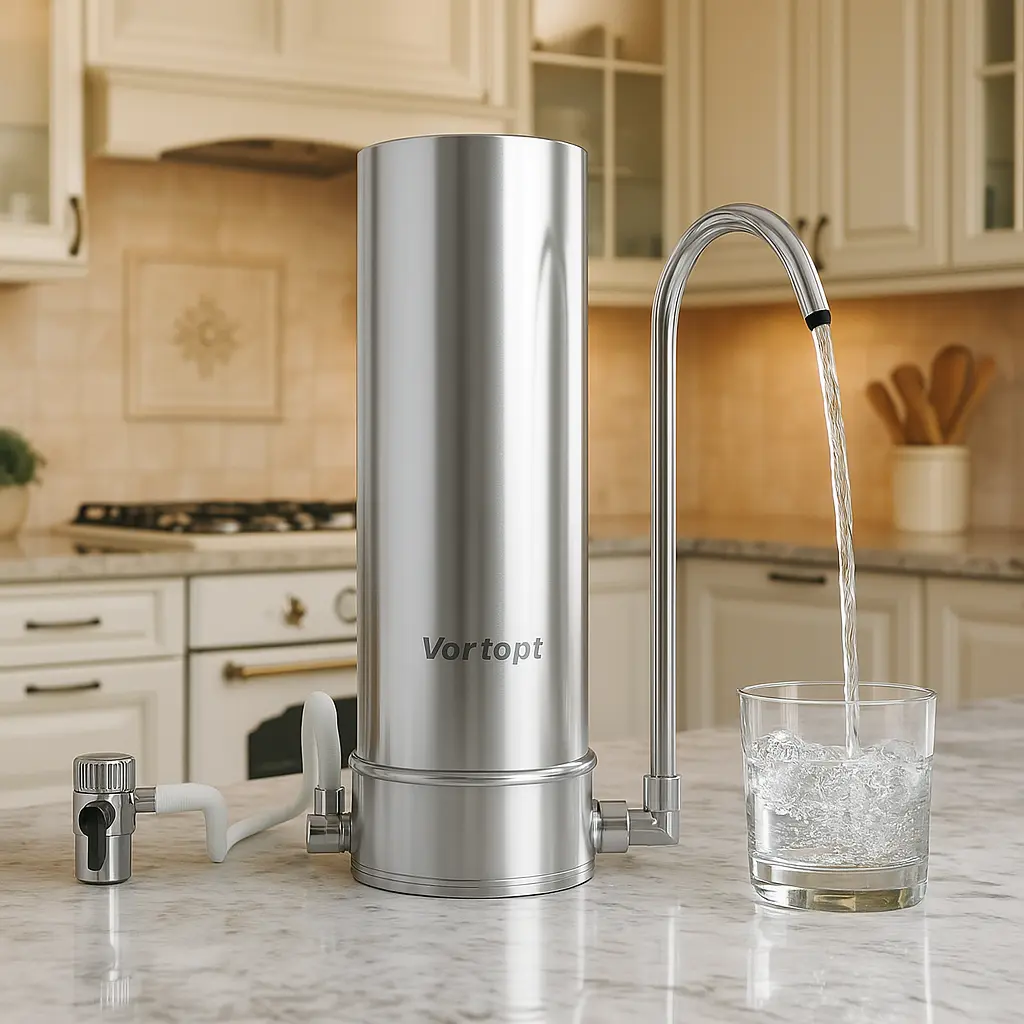 Vortopt F7 Kitchen Counter Top Water Filter System - 12-Month/8000-Gal 5-Stage Filtration, 99% Chlorine/Heavy Metals/Odors Removal, Enriched with Beneficial Minerals, BPA-Free, Durable & Sleek, Health-Oriented Design