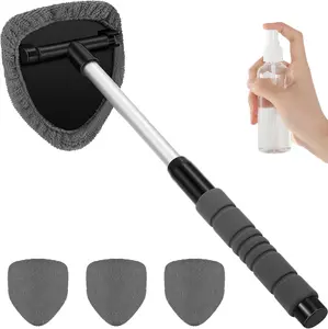 Windshield Cleaning Tool, Microfiber Car Window Cleaning Tool with 4 Reusable,Washable Microfiber Pads,Extendable Handle,Auto Interior Exterior Glass Wiper Car Glass Cleaner Kit,Car Cleaning Supplies