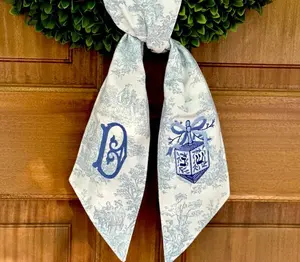 Custom pale blue Hanukkah dreidel wreath sash, personalized holiday toile swag, monogrammed wreath scarf