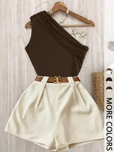 Contrast One-Shoulder Sleeveless Top & Pleated Shorts Matching Set - Ideal for Date Nights, Vacations & Brunch | Comfortable Fitted Two-Piece Set, Quiet Luxury Aesthetic- Trendy Baddie Outfit for Office & Going Out | Viral