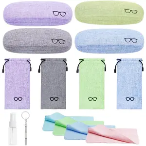 Unisex 4-Set Portable Linen Hard Shell Glasses Cases, Protective Eyeglasses Boxes with Drawstring Pouches & Glasses Cleaner Cloths for Sunglasses Storage, Glasses Cleaner Cloth