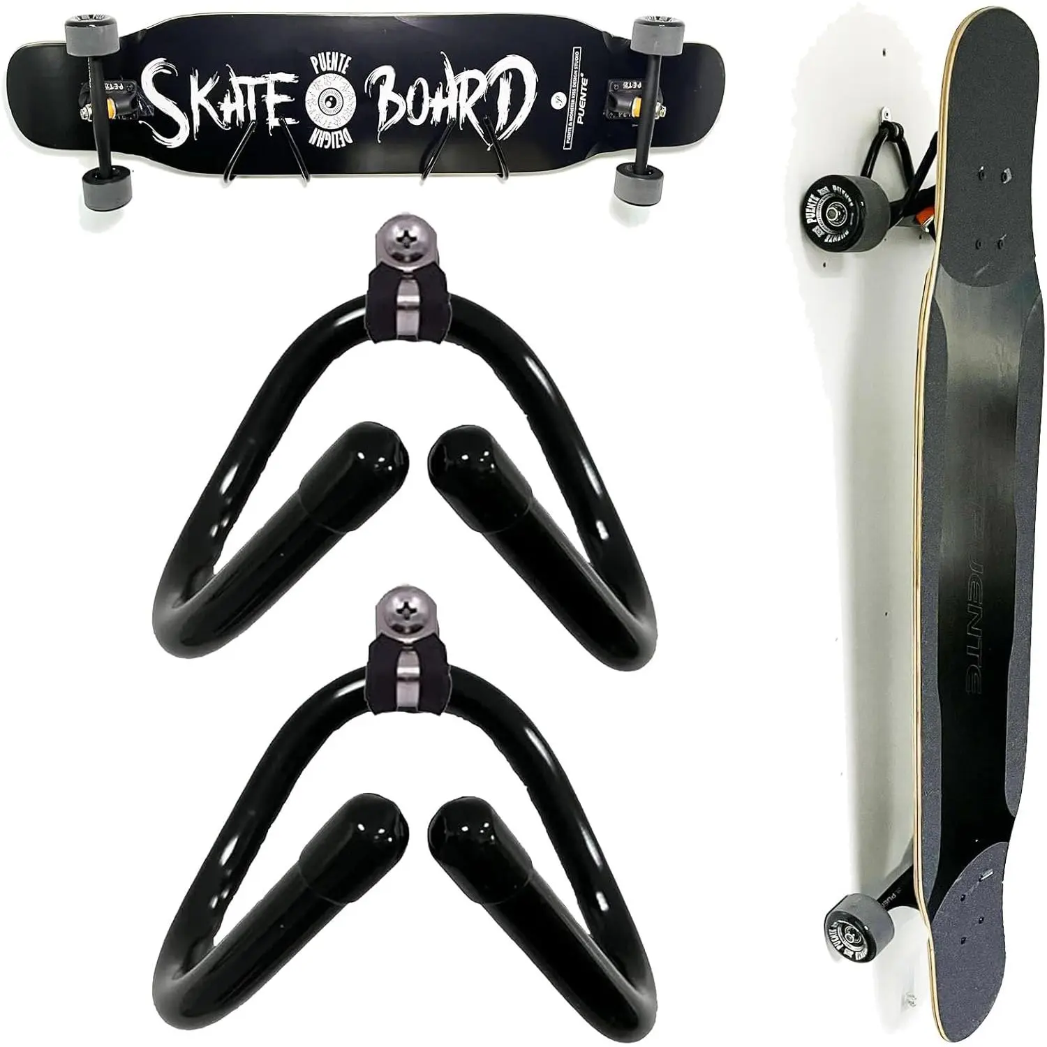 2-Pack Minimalist Heavy Duty Universal Wall Mount Rack Set - Metal Hooks, Adjustable Spacing, Easy Customization, 5 - 10 Kg Cap., Horizontal-Vertical Mounting, Expansion Plugs Included - Fits Longboards, Ideal for Skateboarding, Office Use