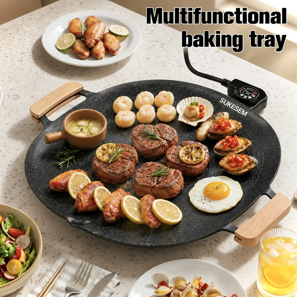 SUKESEM KITCHEN 1000W Portable Smokeless Non-Toxic Indoor Electric Korean BBQ Grill - Non-Stick Pan, Adjustable Temperature Control, Universal Griddle for Home Griddle Cooking