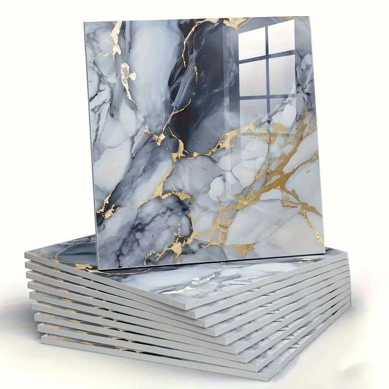 BRODARK 10/20Pcs Self-Adhesive Glossy PVC Marble Wall Stickers - 11.8x11.8in, Waterproof, UV-Printed Modern Patterns, Anti-Static, Fireproof, Sturdy, Durable for Kitchen Backsplash, Bathroom, Living Room House Room Decor