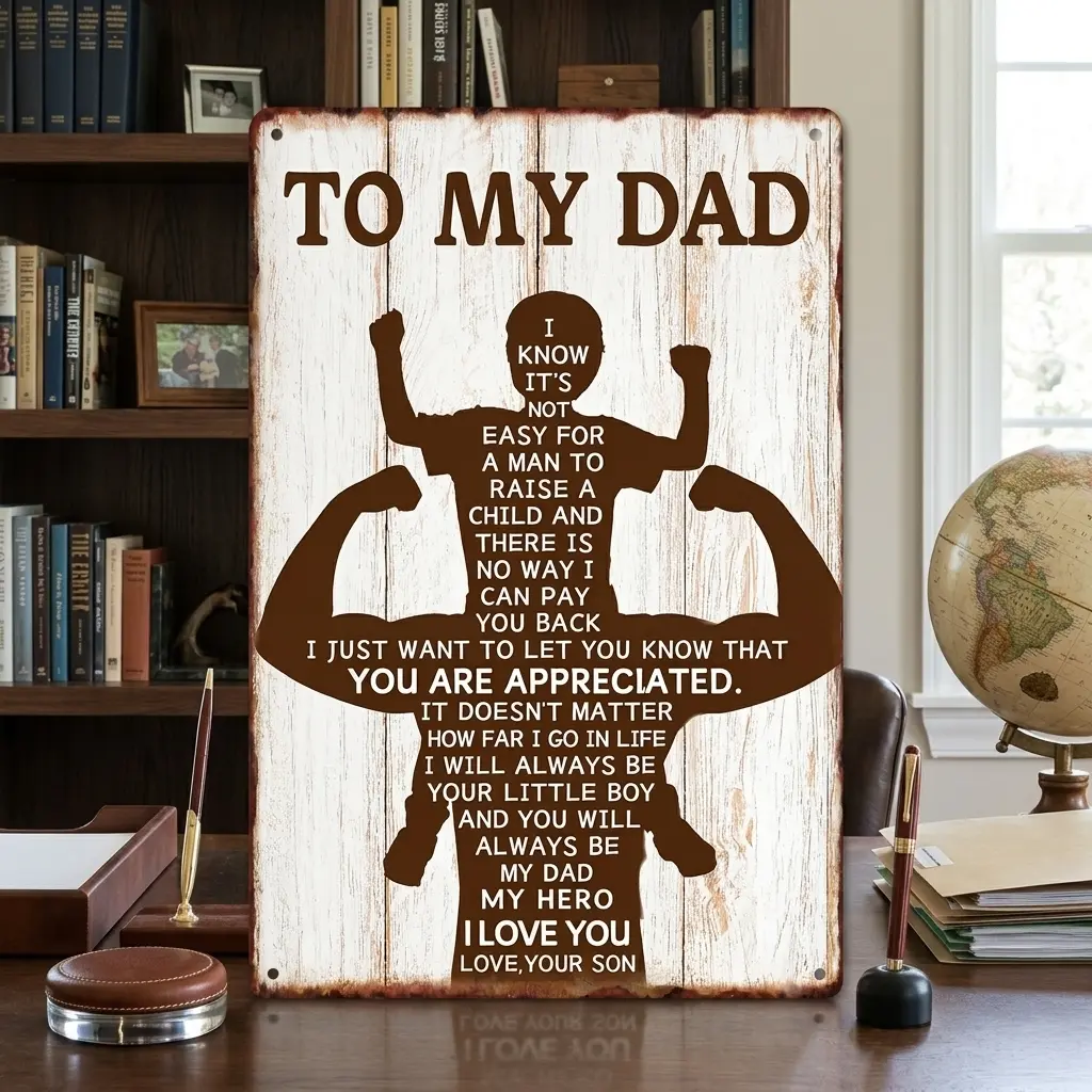 Vintage Metal-Aluminum Dad Sign, 8x12 In Home Decor Plaque - "Many of my qualities stem from your teachings" - Home Decor Items, Father's Day Gift for Living Room