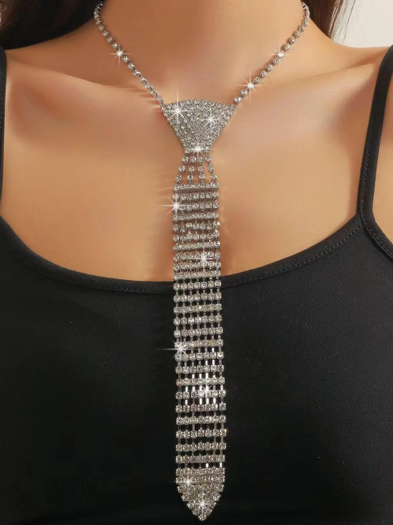 Rhinestone Decorated Tie Necklace for Women for Gift, Rhinestone Decorated Fashion Jewelry for Party, Daily Clothing Decor, Trendy All-match Jewelry, Goddess Necklace, Chic Gorgeous Jewelry, Fashion Chic Accessories