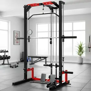 SAVEYOUR Smith Machine Multi-Functional Home Power Cage with Adjustable Barbell Rack, Weight Plate Posts, Resistance Band Pegs, Non-Slip Foot Pedals, Full-Body Strength Training Equipment