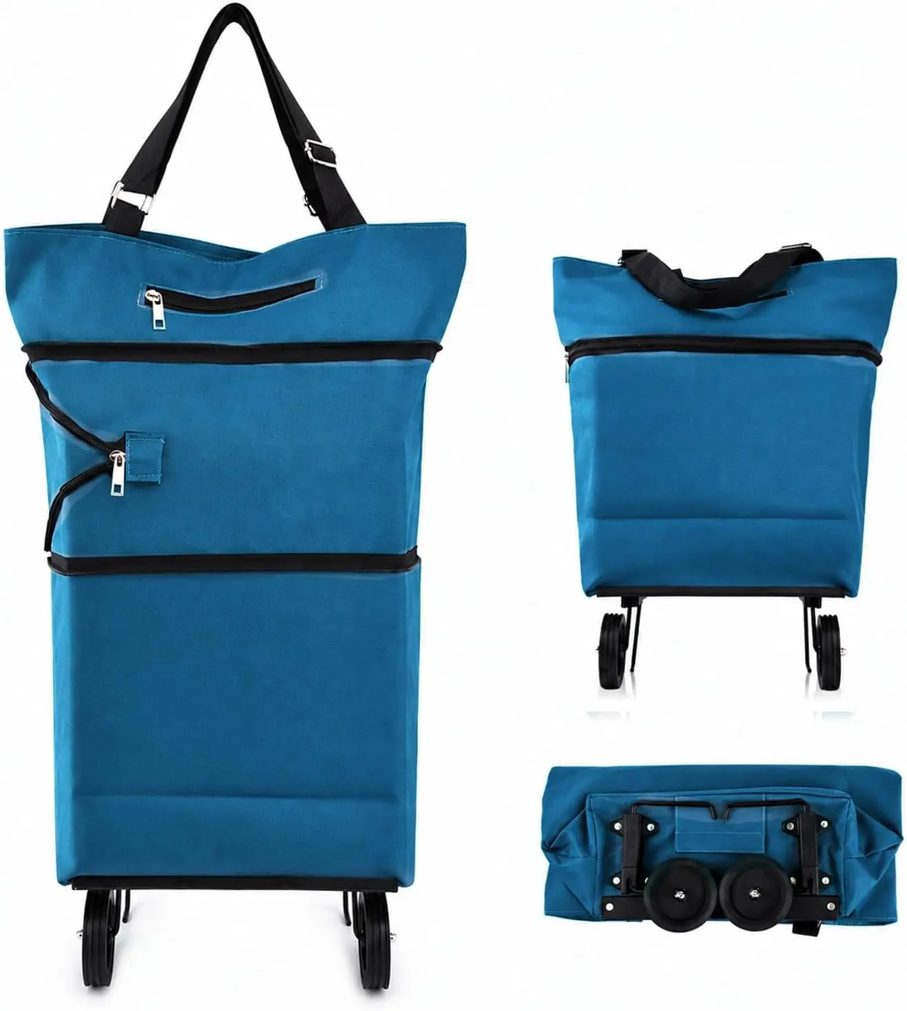 Lake Blue Collapsible Shopping Cart - Fabric, Compact, Practical, Solid 360° Swivel Wheels, Large Capacity Folding Trolley, Reusable Foldable Tote for Home Use