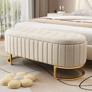 Velvet Ottoman Storage Bench, 47.2" x 16" Oval Upholstered End of Bed Bench with Golden Metal Legs, Button-Tufted Bedroom & Entryway Bench with Storage, Beige
