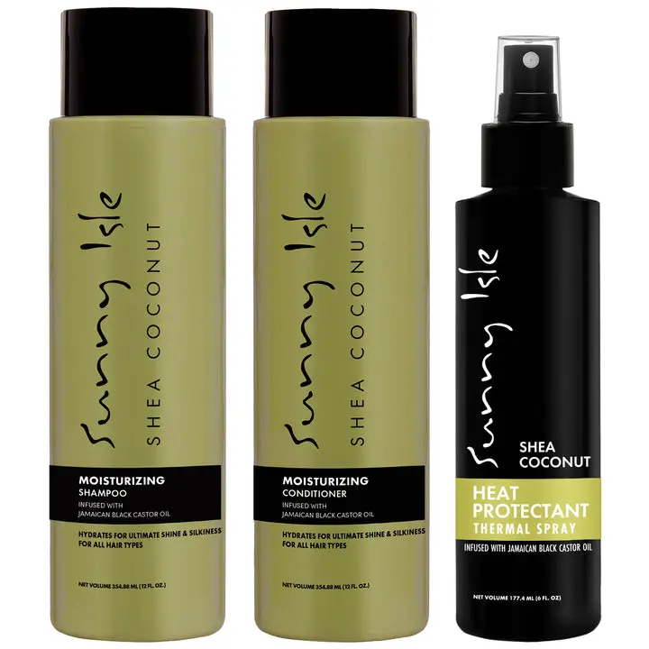 Sunny Isle Shea Coconut Moisturizing Shampoo, Conditioner (12oz) & Heat Protectant Spray Bundle - Jamaican Black Castor Oil Infused, Hydration, Frizz Control, Heat Protection, All Hair Types