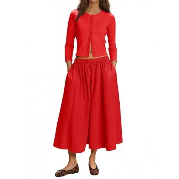 TANKANEO Women's Cute Fashion 2-Piece Knitted Matching Set - Ribbed Cardigan Top with 3/4 Sleeves, Buttons & Casual Midi Skirt with Pockets