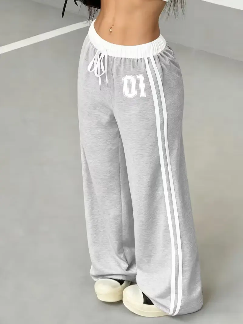 Women’s lightweight spring/summer pants with digital print, belt patchwork, casual sporty street retro style, loose fit Y2K style