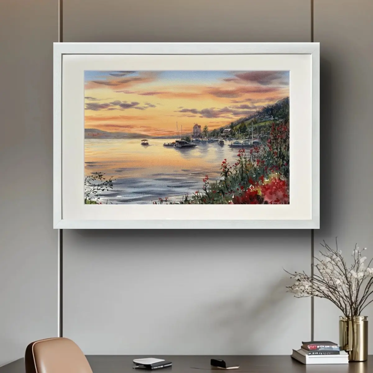Viznau, Switzerland -  Original Watercolor on paper.  Comes framed, Decoration, Painting