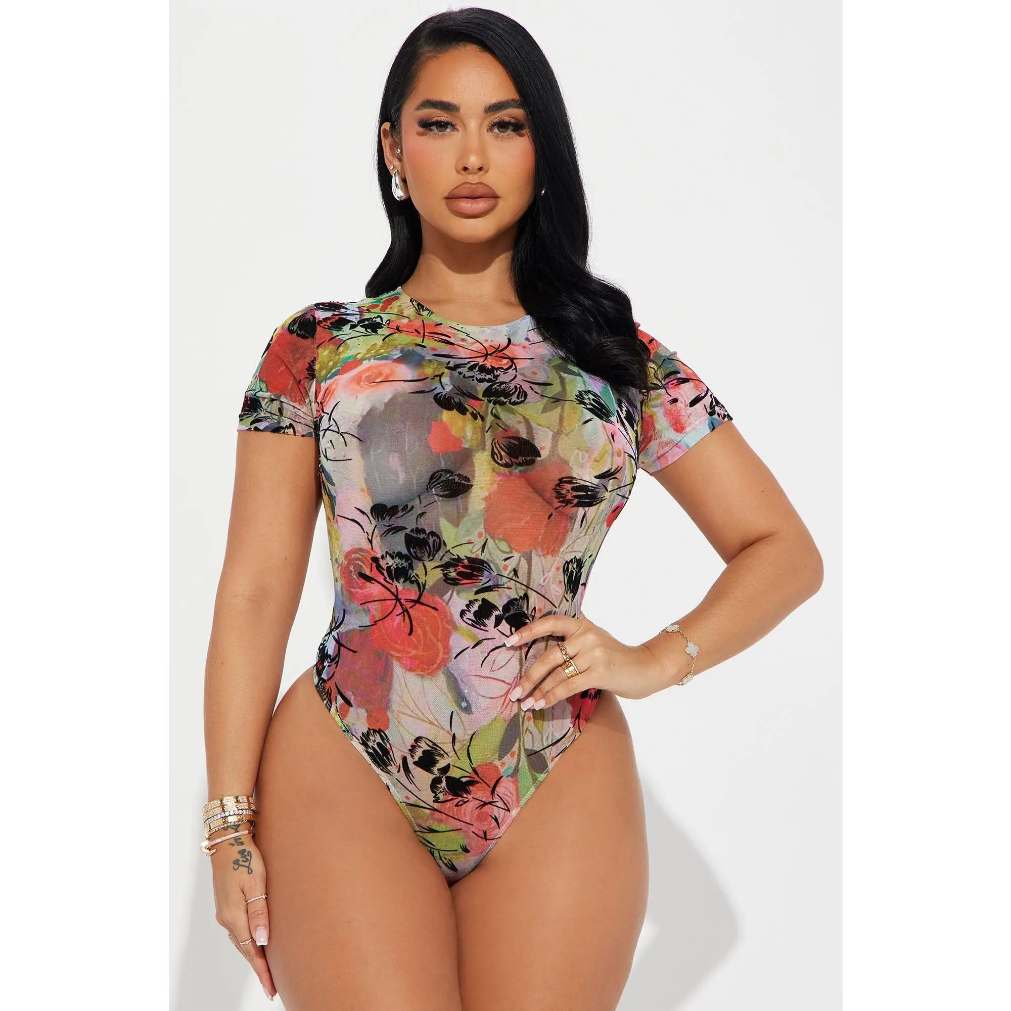 Bouquet Of Flowers Mesh Bodysuit - Pink/combo Bouquet Of Flowers Mesh Bodysuit - Pink/combo