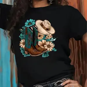 Casual Western Cowboy Boot and Hat Graphic T Shirt for Women Comfortable Breathable Cotton Crew Neck Top S to 3XL