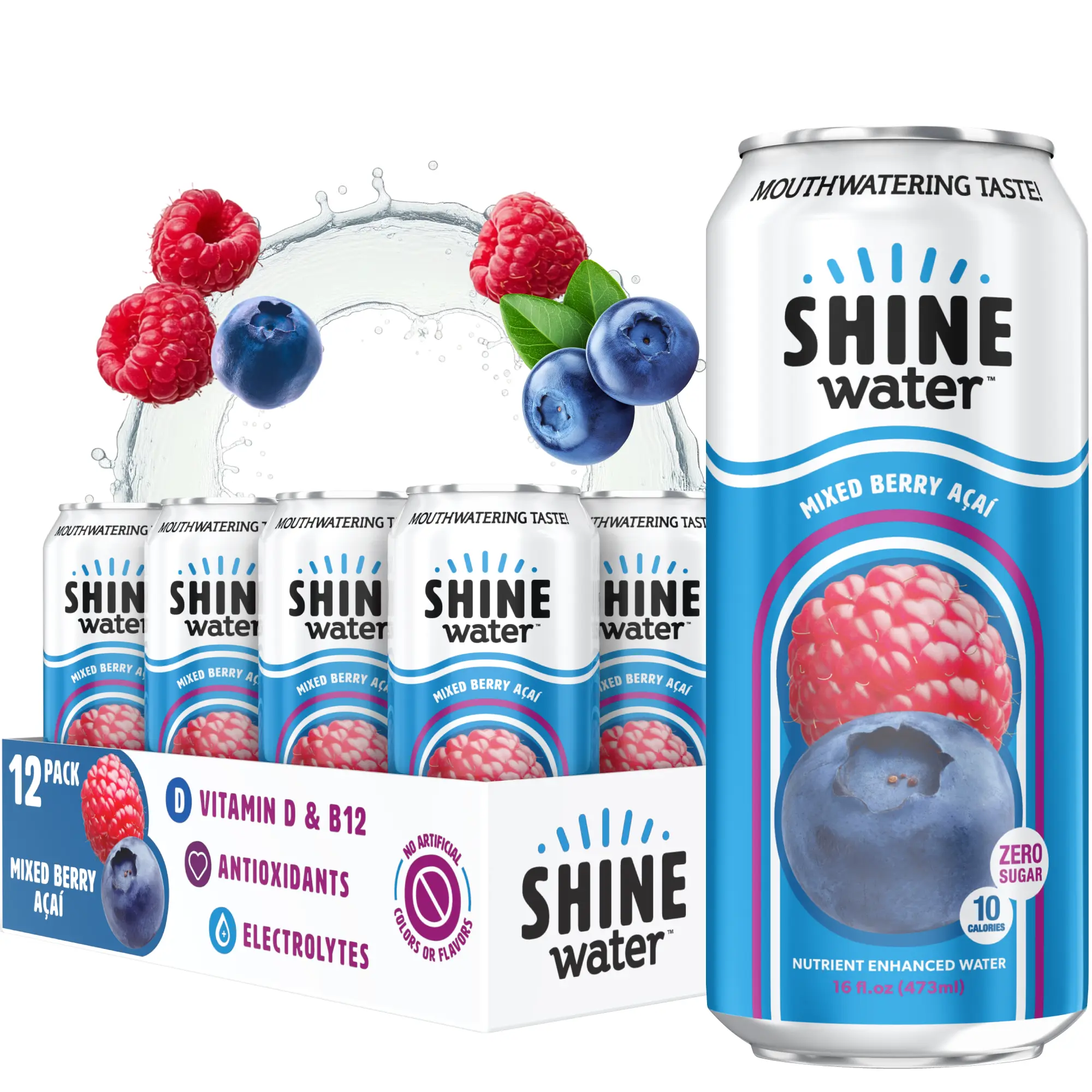 ShineWater Natural Vitamin Enhanced Energy Sport Beverage - Mixed Berry Acai Flavor, 12-Pack, 0 Added Sugar, Low Calorie, Plant-Based Electrolyte Drink with Magnesium Citrate & Folic Acid, Clean Filtered Water, Gluten-Free, Kosher, Made in USA, No Added S