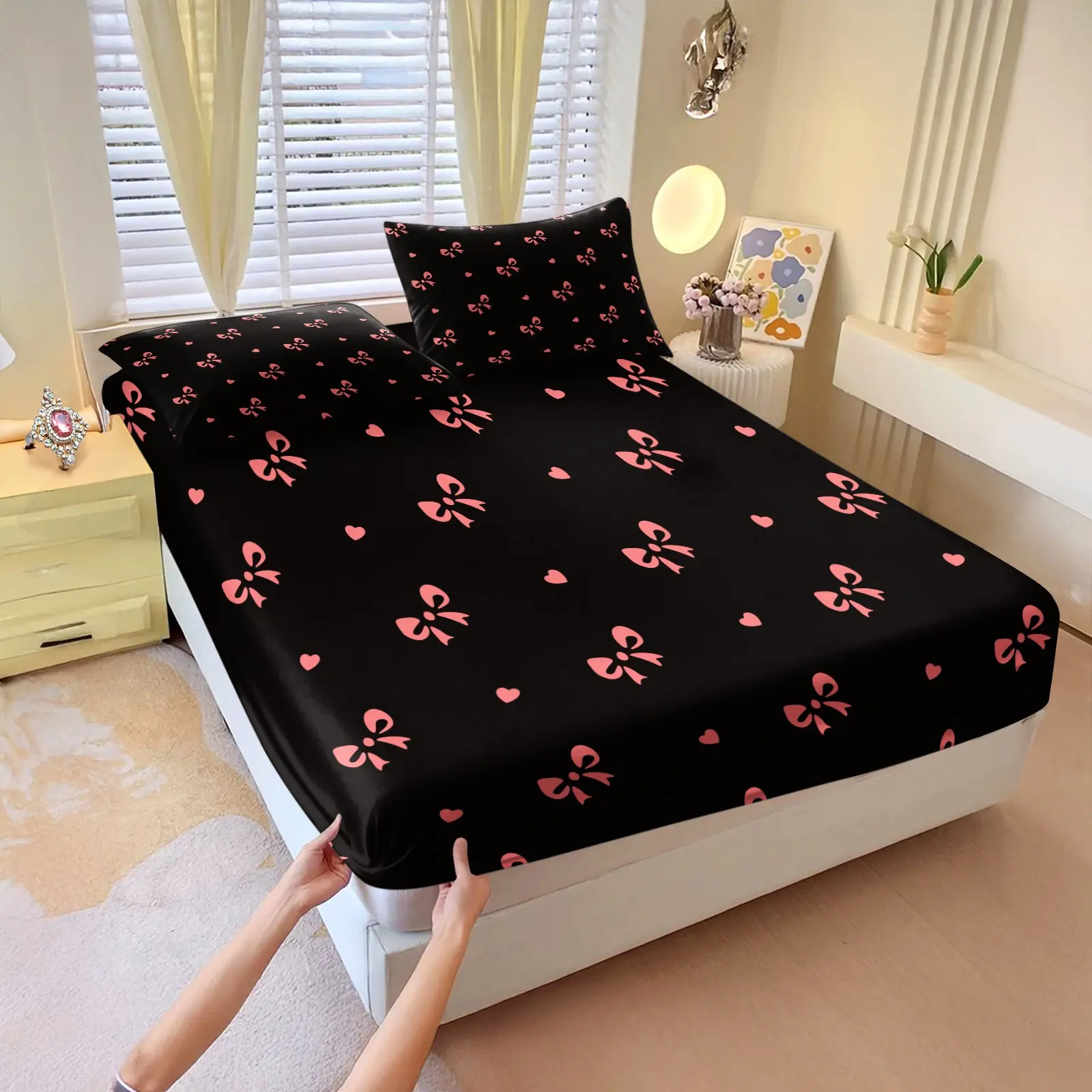 Simple and cute bowknot-print fitted sheet set,Includes 1 Fitted Sheet & 2 Pillowcases without Filler,Sweet and stylish design,Sweet and refreshing decor,Comfortable and soft,Multiple styles available, bedroom bedding set, Bedsheet Set