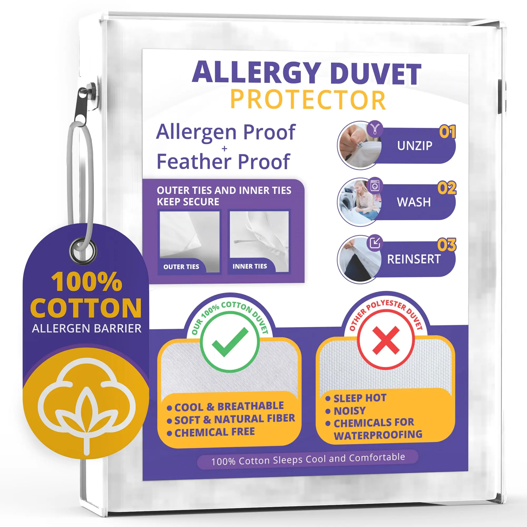 Allersoft| All Cotton Dust, Pet Dander, Feather, Pollen & Allergy Control Duvet Protector (66x86)