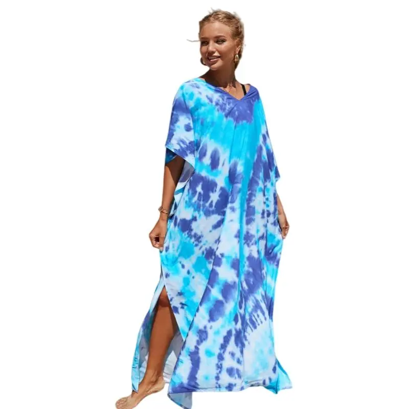 Women's Boho Maxi Dress - Plus Size Geometric Print Caftan with Batwing Sleeves, Viscose Silk Fabric, Beach Cover-Up for Quick Outfit Preparations, M