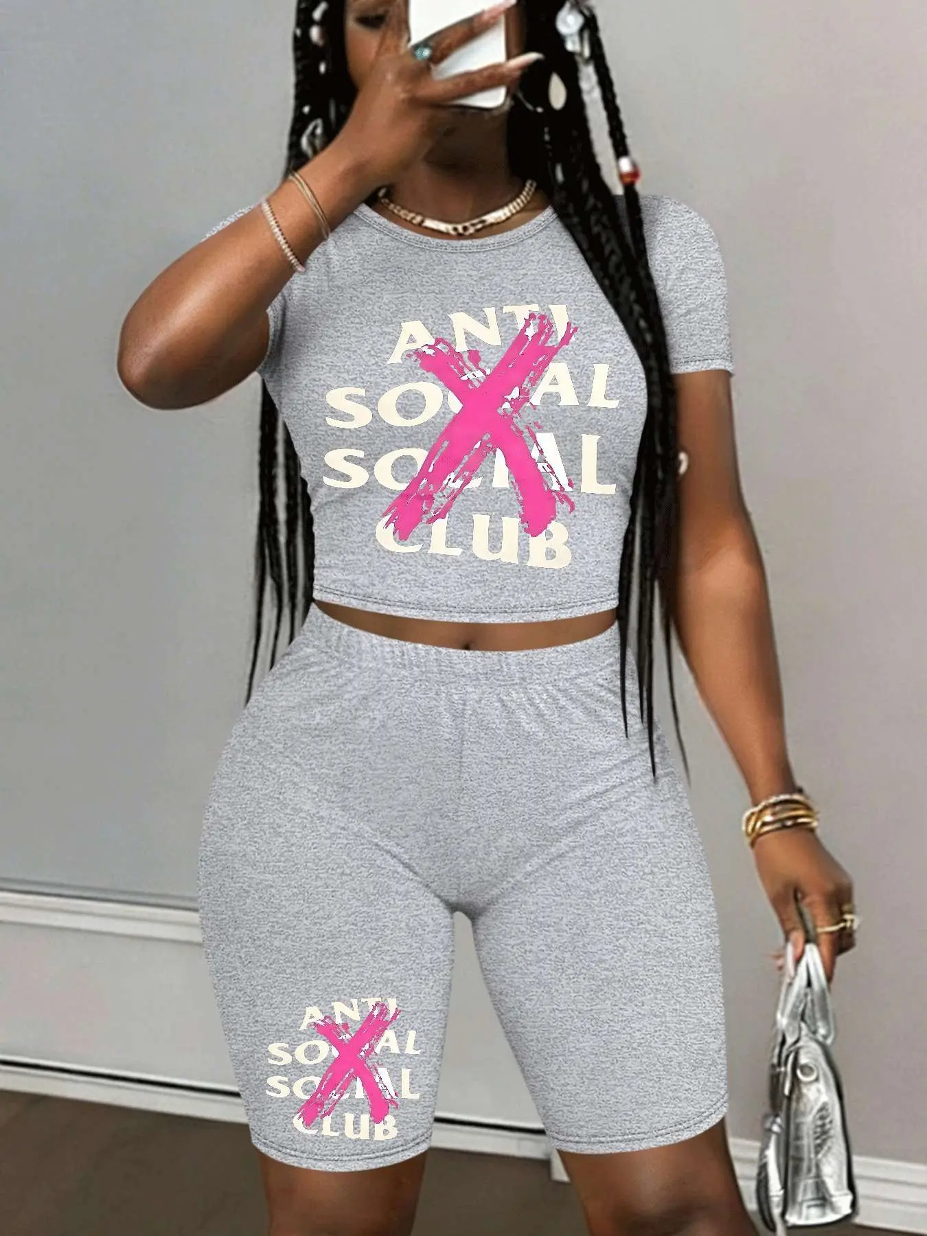 Personalized print patterns Two-Piece Set Women's Lip Print Short Sleeve Crop Top & Fitted Skinny Jumpsuit, Casual Fashion Cozy Round Neck Tee & Jumpsuit for Daily Outdoor Wear, Ladies Clothes for Spring, Overalls, Womenswear