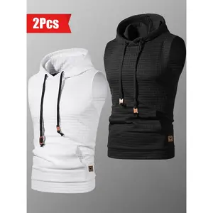 [Sleeveless Hooded Tank] 2pcs Casual Sleeveless Hooded Jacquard Tank Top - Men's Drawstring And Kangaroo Pocket for Outdoor Running Jogging Training