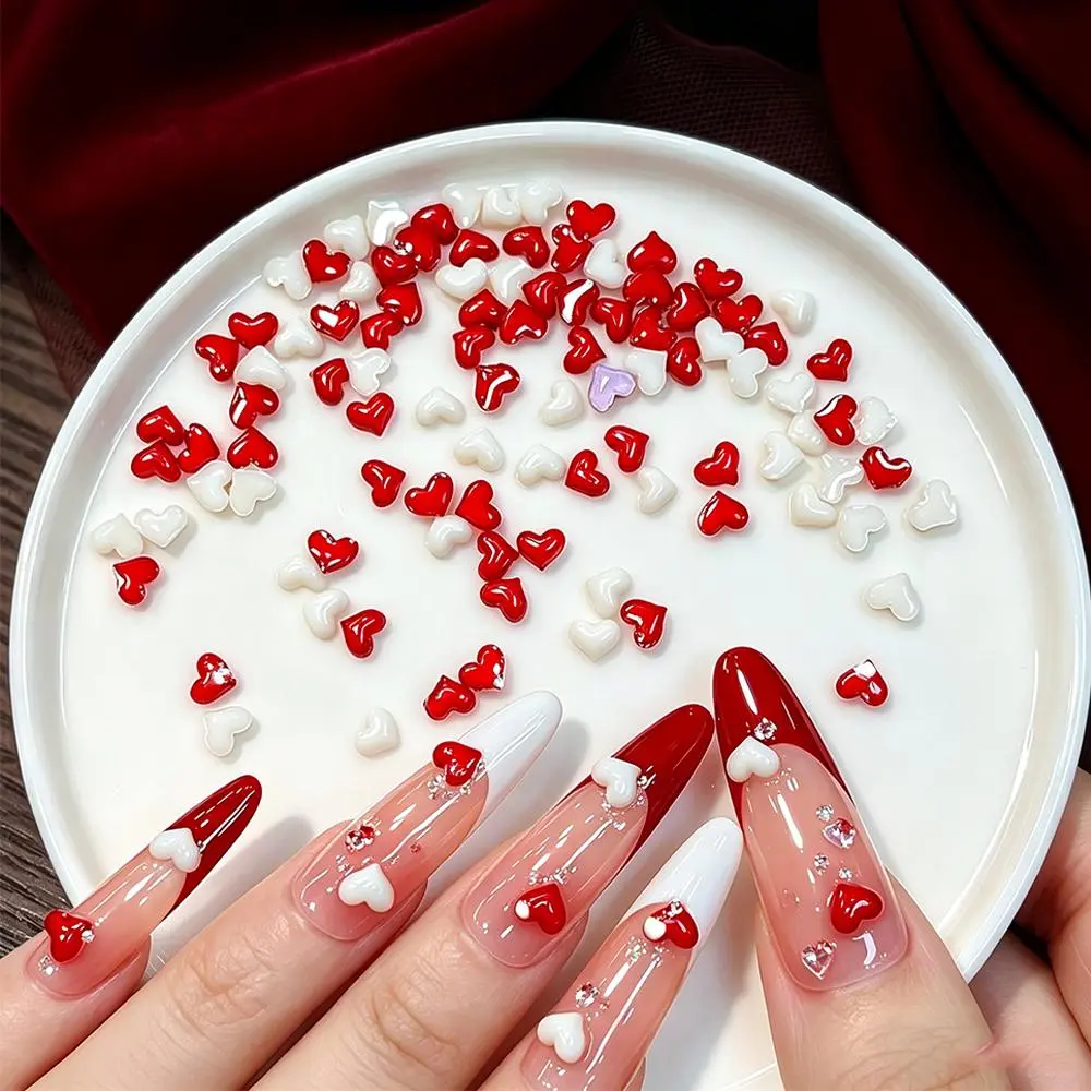 200Pcs Mixed Red White Nail Art Mini Heart Charms 3D Sweet Heart Shape Resin Nail Decor For Valentines Manicure DIY Nail Supplie
