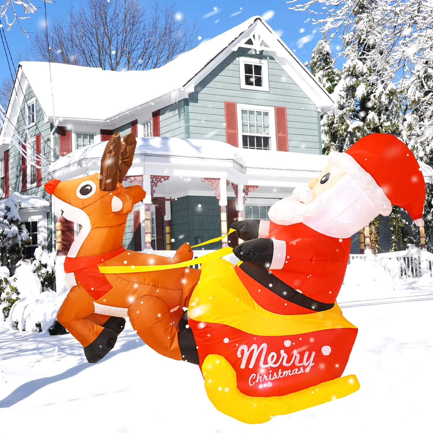 5 FT Long Santa and Reindeer Inflatable Christmas Decorations Outdoor Sleigh, Built-in LED Lights Funny Rein Deer Sled Blow Up Yard Decoration for Winter Vacation Outside Lawn Patio Xmas Indoor Party