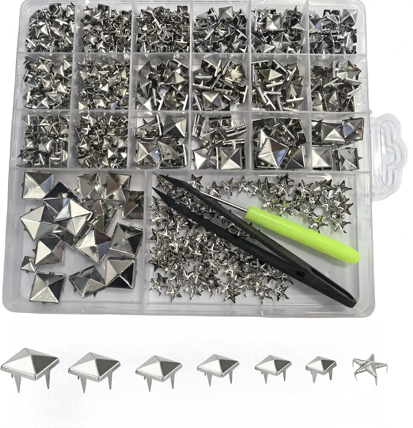 820-Pcs 4-Jaw Square Pyramid & Star Studs Kit - Punk Rivets, Spikes with Secure Attachment for Leathercraft, DIY Projects, Sewing Haberdashery Snaps
