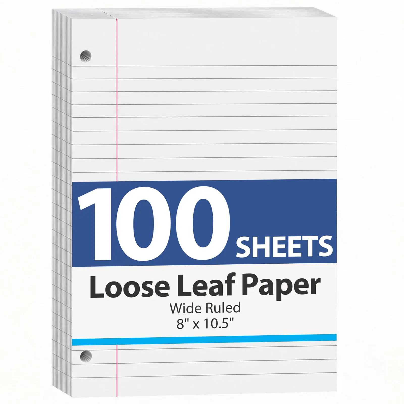Wide-Ruled Loose Leaf Filler Paper - 100 Sheets, 8"x10.5", 3-Hole Pre-Punched Notebook Paper for Binders, Anti-Bleed White Office Stationery