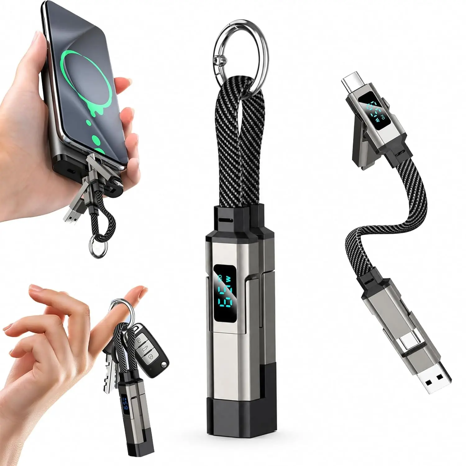 【New Product Flash Sale】4-in-1 Keychain Charging Cable,Portable mini fast-charging cable (USB-A/C to USB-C and Lightning) with an LED display; 65W short cable suitable for mobile phones, tablets, and laptops, supporting high-speed data transfer.
