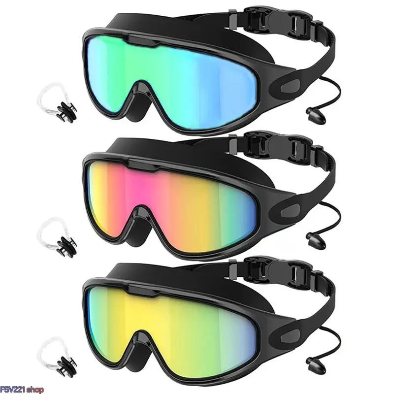 3 Pack Mirrored Swim Goggles, Adult Swim Glasses with Wide View Anti-Fog Lenses & UV Protection, Leak-Proof Silicone Seal and Attached Earplugs