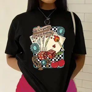 Life Is A Gamble I'm Just Dealing' Retro Poker Print T-shirt American Vintage Style Casual Top