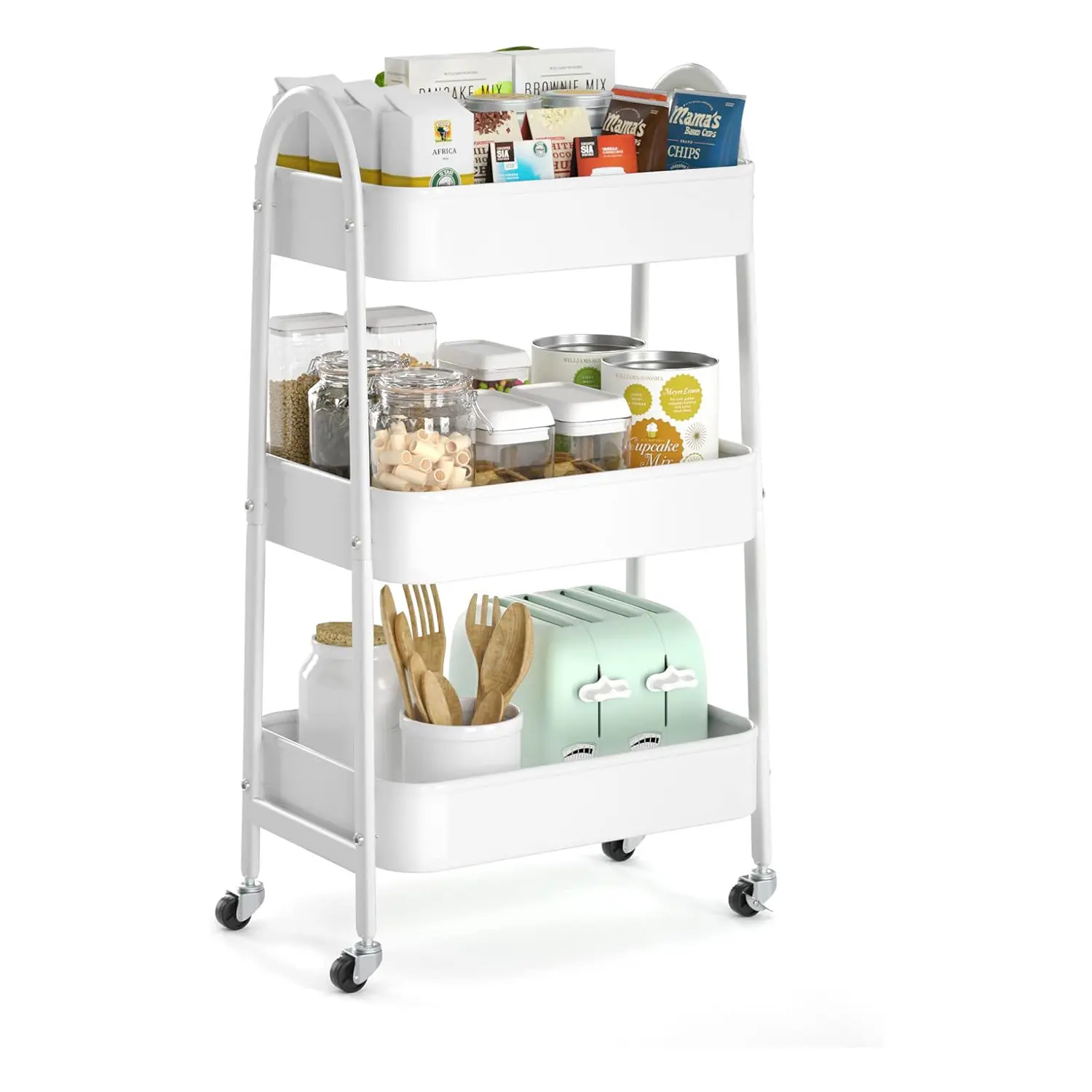 Minimalist 3-Tier Metal Rolling Storage Cart - Multi-Row Utility Organizer with Shelf, Easy Installation for Bedroom Office Storage, Decor-Friendly Indoor Shelves & Racks (Kitchen, Bathroom Use)