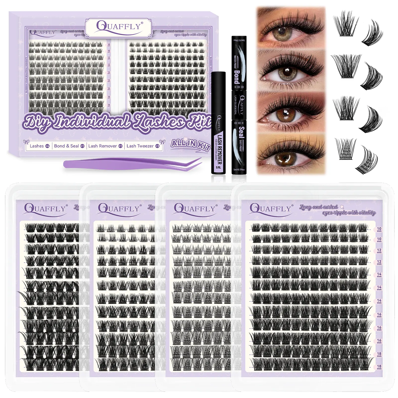 DIY Lash Extension Kit Cluster Lashes Kit with 576Pcs Lash Clusters Lash Bond and Seal Remover Eyelash Applicator Beginner DIY Lashes Kit Easy to Use(4 styles-10-18mm), Beginner Friendly Eyelashes, DIY Eyelash Extensions