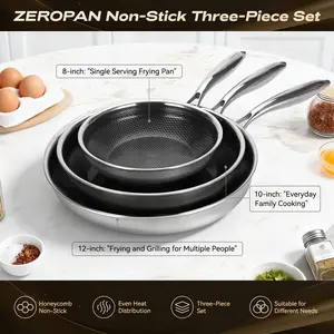 [Offer- ZEROPAN 3-Piece Stainless Steel Cookware Set (8/10/12 Inch)] PFAS/PFOA/PTFE-Free Non-Stick | Frying Pan + Multi-Use Pots | Dishwasher/Oven Safe (500°F) | All Cooktops Compatible |  Family-Friendly | TikTok Shop Holiday Must-Have for Home & Party