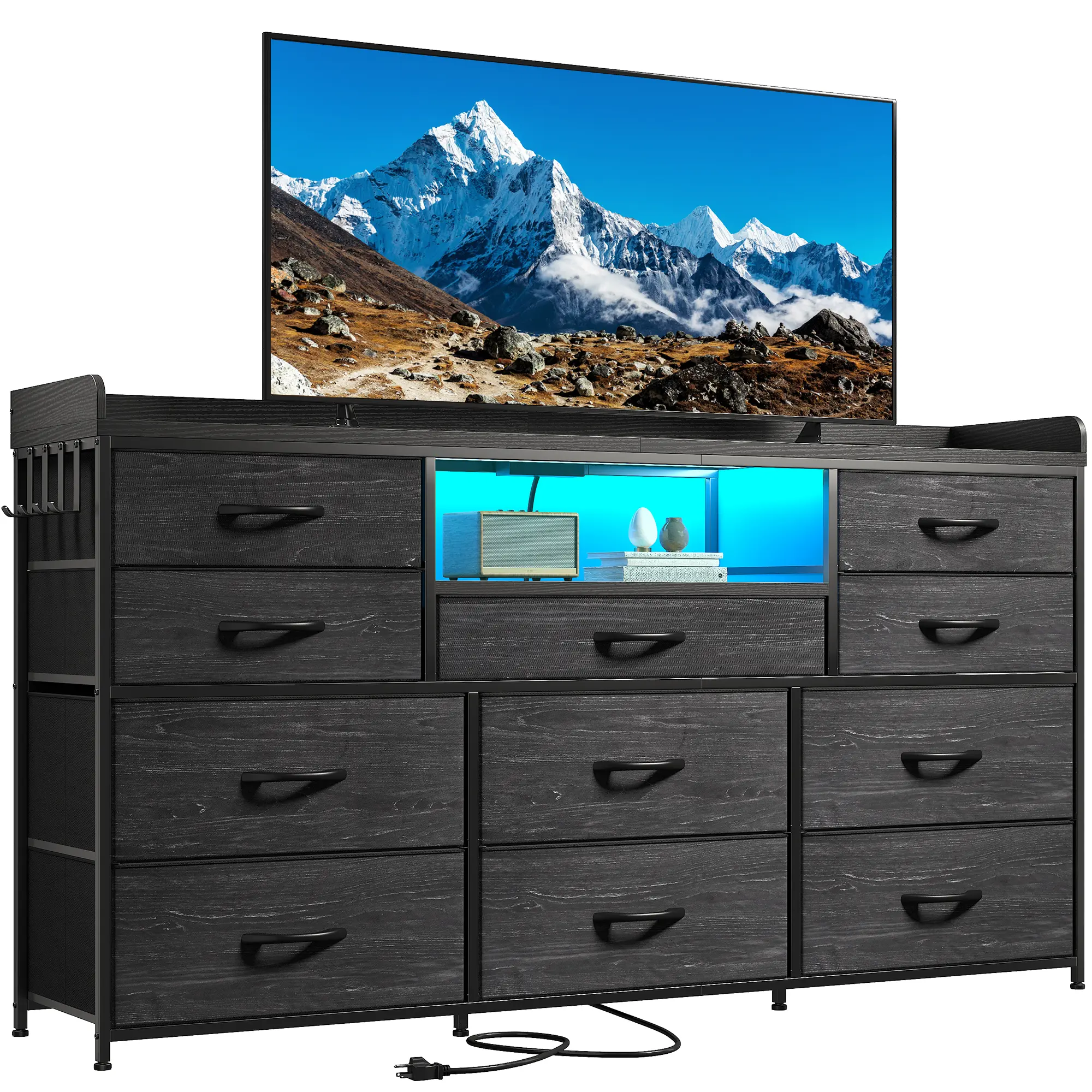 【SummerVibes】Raybee 11-Drawer Wood Bedroom Drawer Chest Organizer - Modern Storage Cabinets, Space Saving Cabinet, Sliding Door, LED Lights, Power Outlets, Shelves, 4 Hooks, Sturdy (Over 25kg) Indoor Cupboard, Modern Storage Drawer